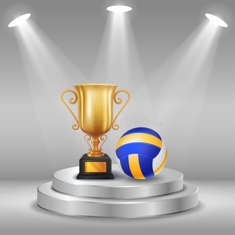 Troféu realístico e voleibol com fundo do vencedor Primeiro lugar da competição Pódio com projetores ilustração royalty free Troféu realístico e voleibol com fundo do vencedor Primeiro lugar da competição Pódio com projetores ilustração royalty free
