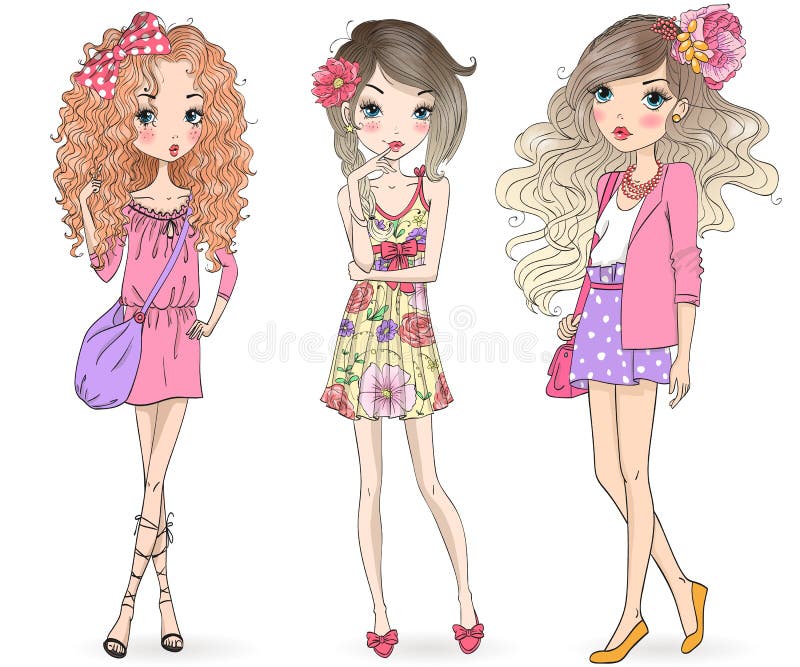 Trois belles filles mignonnes tirées par la main d'été de bande dessinée illustration de vecteur Trois belles filles mignonnes tirées par la main d'été de bande dessinée illustration de vecteur