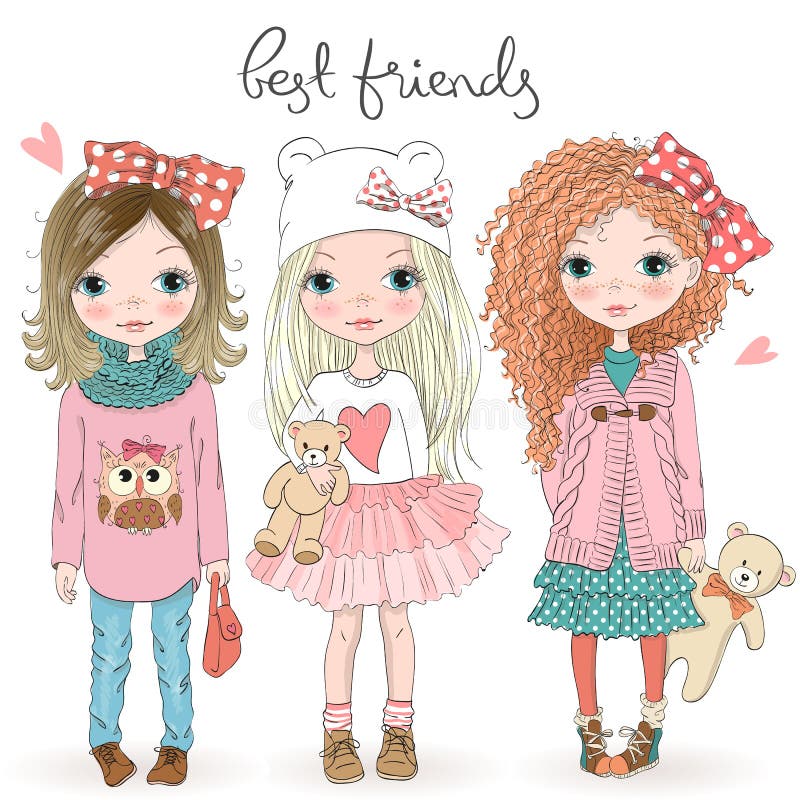 Trois belles petites filles mignonnes tirées par la main avec le nounours concerne le fond avec les meilleurs amis d'inscription illustration stock