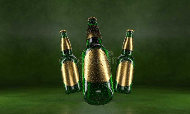 Trois bouteilles à bière se tenant sur une table verte rustique Bi?re fausse Les bouteilles ? bi?re humides withgolden des label photo stock Trois bouteilles à bière se tenant sur une table verte rustique Bi?re fausse Les bouteilles ? bi?re humides withgolden des label photo stock