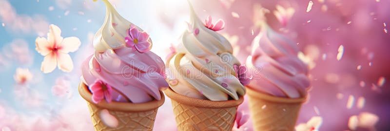 Three ice cream cones with cherry blossom petals and bokeh background banner. Panoramic web header. Wide screen wallpaper. AI generated. Three ice cream cones with cherry blossom petals and bokeh background banner. Panoramic web header. Wide screen wallpaper. AI generated