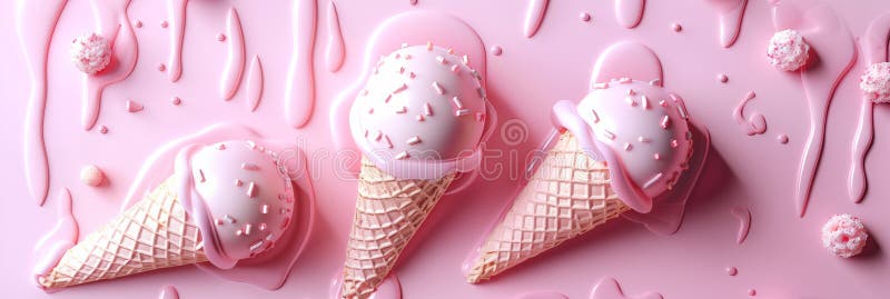 Three pink ice cream cones with white sprinkle on pink background with melted drops and candy pieces banner. Panoramic web header. Wide screen wallpaper. AI generated. Three pink ice cream cones with white sprinkle on pink background with melted drops and candy pieces banner. Panoramic web header. Wide screen wallpaper. AI generated