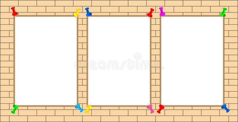 Trois feuilles blanches avec les goupilles pour information, annonces sur le mur de briques illustration stock Trois feuilles blanches avec les goupilles pour information, annonces sur le mur de briques illustration stock
