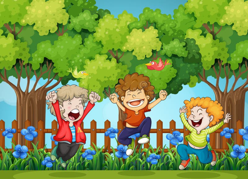 Trois garçons sautant en parc illustration libre de droits Trois garçons sautant en parc illustration libre de droits