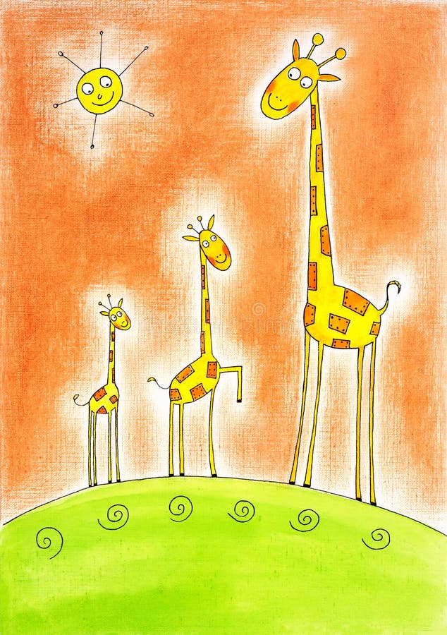 Trois girafes heureuses, le retrait de l'enfant, peinture d'aquarelle illustration stock Trois girafes heureuses, le retrait de l'enfant, peinture d'aquarelle illustration stock