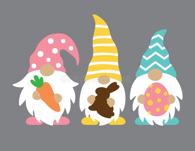 Trois gnomes mignons de Pâques avec le lapin de carotte et de chocolat d'oeufs de pâques
