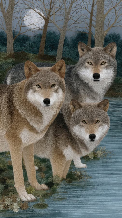 Trois loups au bord de l'eau dans une forêt automnale image libre de droits