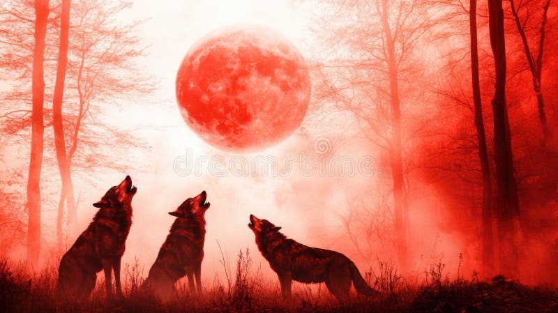 Trois loups hurlent sous une lune de sang dans une forêt brumeuse créant une scène étrange ai. L'image représente trois loups hurlant sous une lune rouge frappante entourée d'une forêt brumeuse. l'atmosphère est mystérieuse et intense évoquant un sentiment de nature sauvage et d'énergie primaire engendrée par l'air