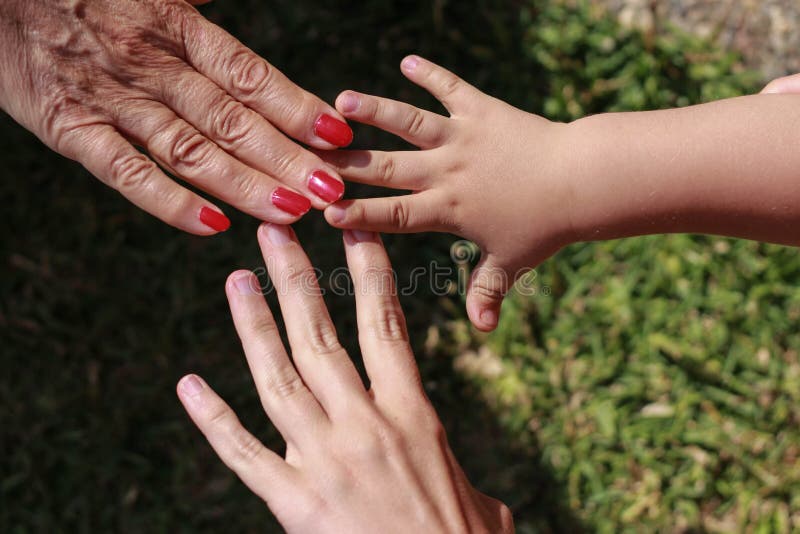 Trois mains de famille : fils, mère et grand-mère images stock Trois mains de famille : fils, mère et grand-mère images stock