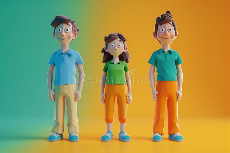 Three cartoon characters stand in a row, each wearing a different colored shirt. The scene is bright and cheerful, with the characters looking happy and friendly. The colors of the shirts AI generated. Three cartoon characters stand in a row, each wearing a different colored shirt. The scene is bright and cheerful, with the characters looking happy and friendly. The colors of the shirts AI generated