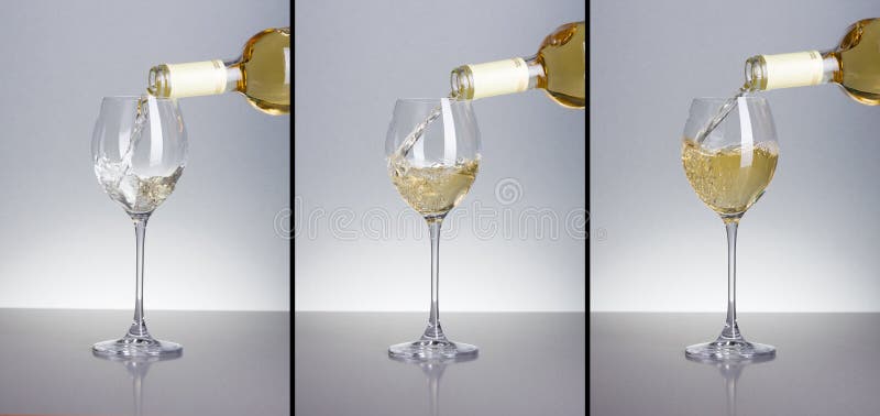 Trois phases de vin blanc de versement image stock Trois phases de vin blanc de versement image stock