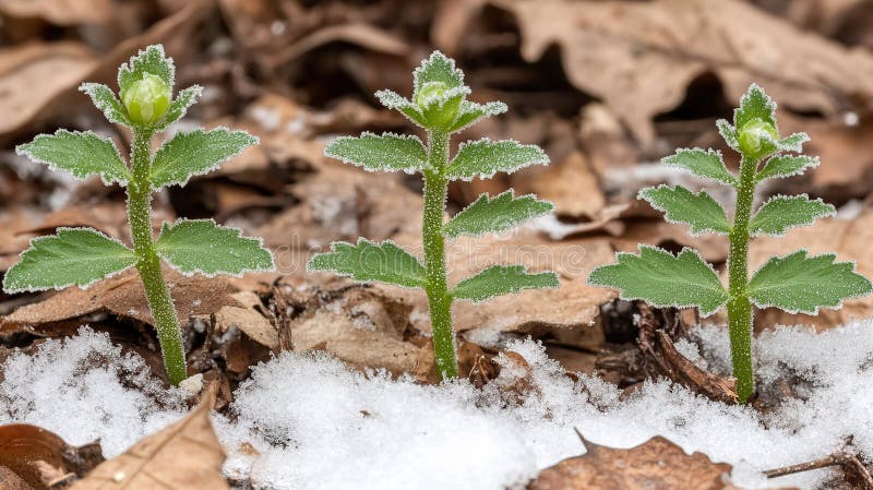Trois plantes couvertes de glace émergent du jardin de feuilles de neige photographie stock
