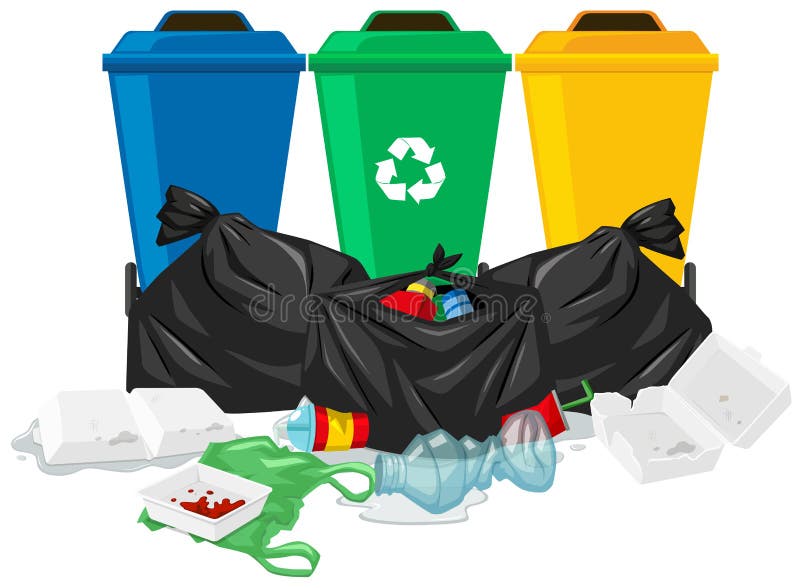 Trois poubelles et sacs de déchets illustration stock Trois poubelles et sacs de déchets illustration stock