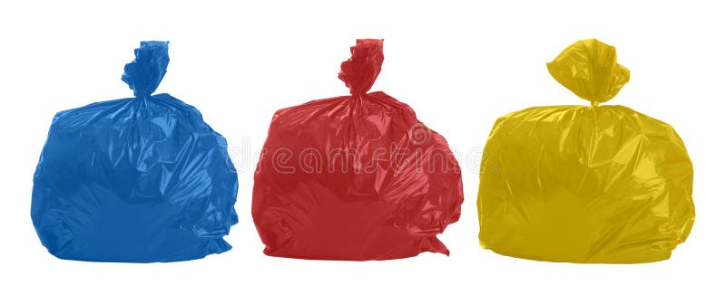 Three colored rubbish bags on white background. Three colored rubbish bags on white background