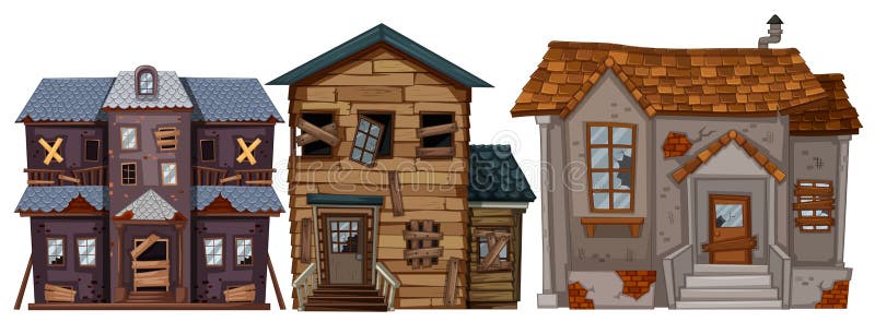 Trois vieilles maisons avec les fenêtres cassées illustration stock Trois vieilles maisons avec les fenêtres cassées illustration stock