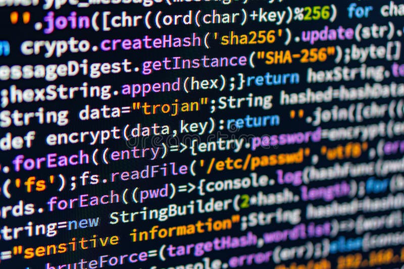 Trojan. Close-up image of colorful code on a computer monitor, with syntax highlighting indicating variables, functions stock photography