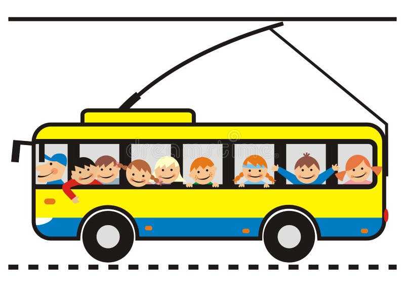 Trolleybus and children, transpotation, vector illustration