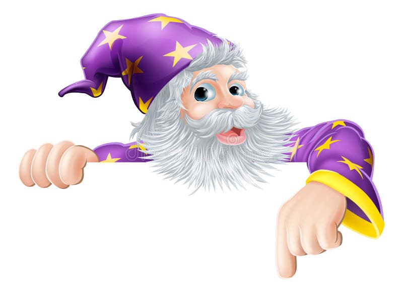 Trollkarl som ner pekar på tecknet vektor illustrationer Trollkarl som ner pekar på tecknet vektor illustrationer
