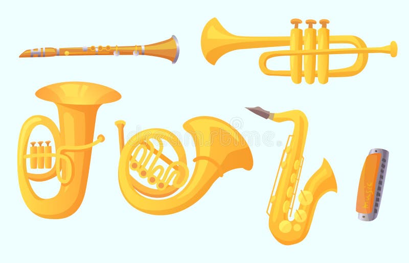 Trombeta dos desenhos animados Instrumentos musicais dos ventos Coleção do vetor do instrumento de música ilustração royalty free Trombeta dos desenhos animados Instrumentos musicais dos ventos Coleção do vetor do instrumento de música ilustração royalty free