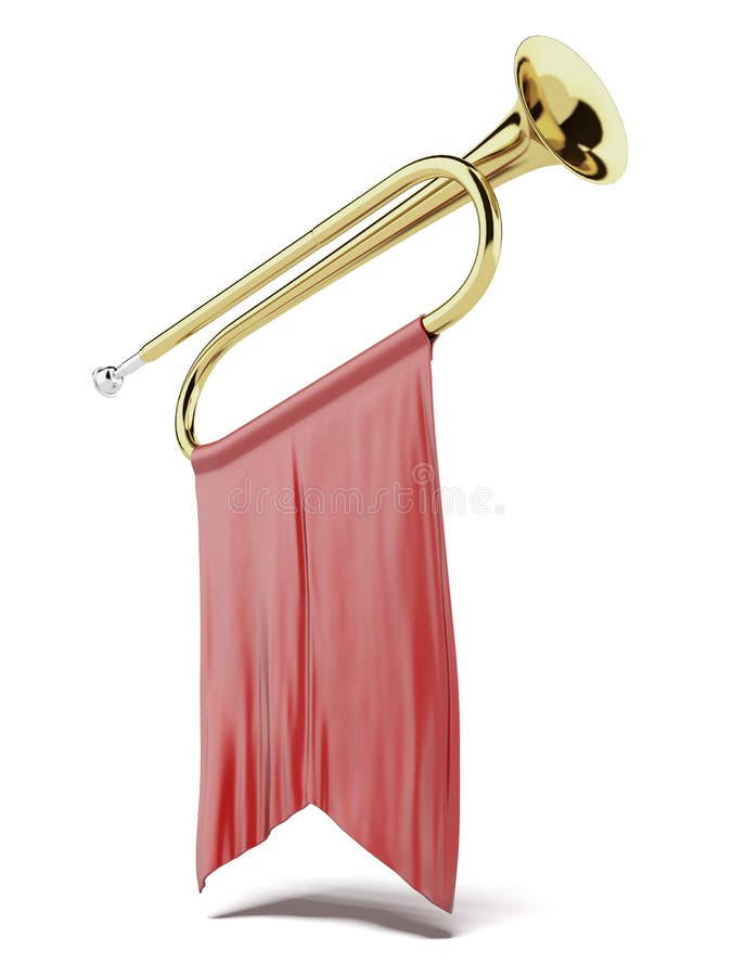 Trumpet with a red flag on a white background. 3d render. Trumpet with a red flag on a white background. 3d render