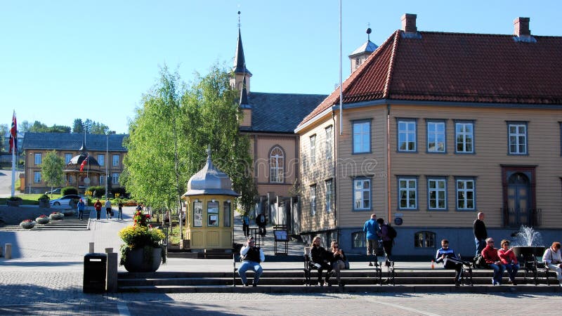 Tromso city center - square RÃ¥dhusgate with small wooden Catholic Casthedral and wooden houses stock image Tromso city center - square RÃ¥dhusgate with small wooden Catholic Casthedral and wooden houses stock image