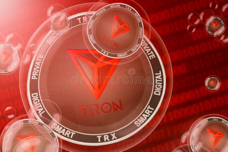 TRON crash, bubble; TRON TRX cryptocurrency coins in a bubbles on the binary code background. Close-up