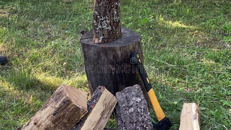 Troncos de pila de madera campesino cortando madera con hacha de acero sobre trozos