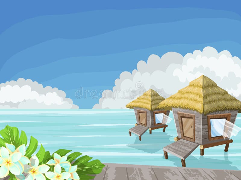 Tropeninsel im Ozean mit exotischen Blumen und Bungalow stock abbildung Tropeninsel im Ozean mit exotischen Blumen und Bungalow stock abbildung