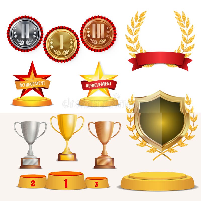 Trophy Awards Cups, Golden Laurel Wreath With Red Ribbon And Gold Shield. Realistic Golden, Silver, Bronze Achievement vector illustration Trophy Awards Cups, Golden Laurel Wreath With Red Ribbon And Gold Shield. Realistic Golden, Silver, Bronze Achievement vector illustration