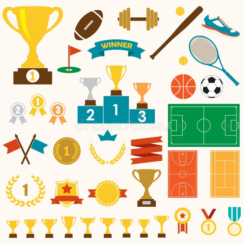Trophy, awards and sports icon set: winning trophy cup, medals, pedestal, flags, ribbons, balls, sport fields. Colorful vector ill royalty free illustration Trophy, awards and sports icon set: winning trophy cup, medals, pedestal, flags, ribbons, balls, sport fields. Colorful vector ill royalty free illustration
