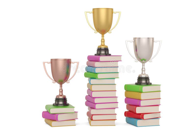 Trophy and book stacks isolated on white background. 3D illustration