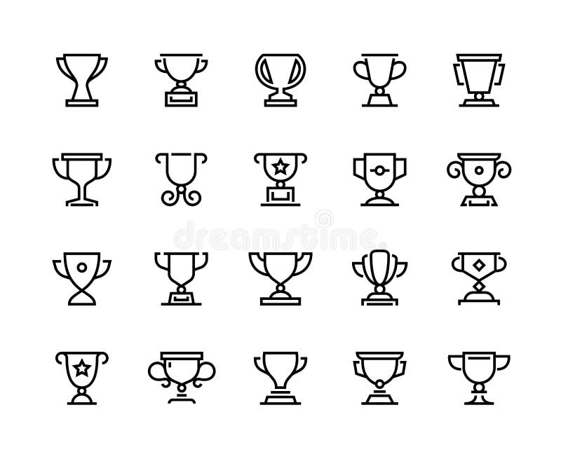 Trophy cup line icons. Competition prize and sport team awards, winner reward and competition award. Vector set