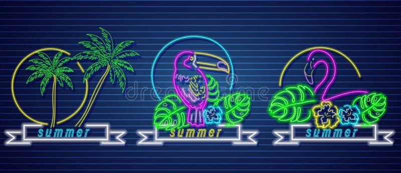 Tropic neon icons Vector set. Palm trees, parrot and flamingo detailed templates