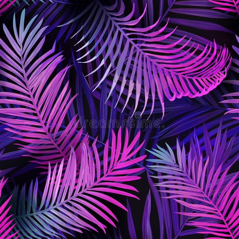 Tropic neon seamless vector background, summer tropical palm leaves vibrant pattern, hawaii floral illustration