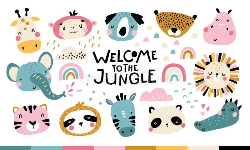 Set de arcuri tropicale. bun venit în junglă. fețe de animale drăguțe. tipărire pentru copii, în stil scandinav, pentru copii. ide royalty free illustration
