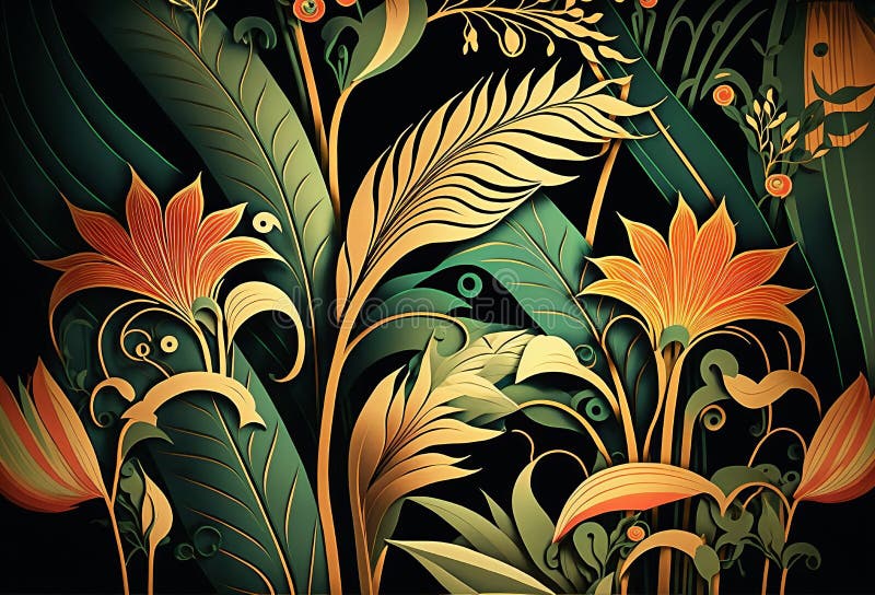 Tropical Art Nouveu, Art Deco Leaf Print Design. Generative Ai Stock