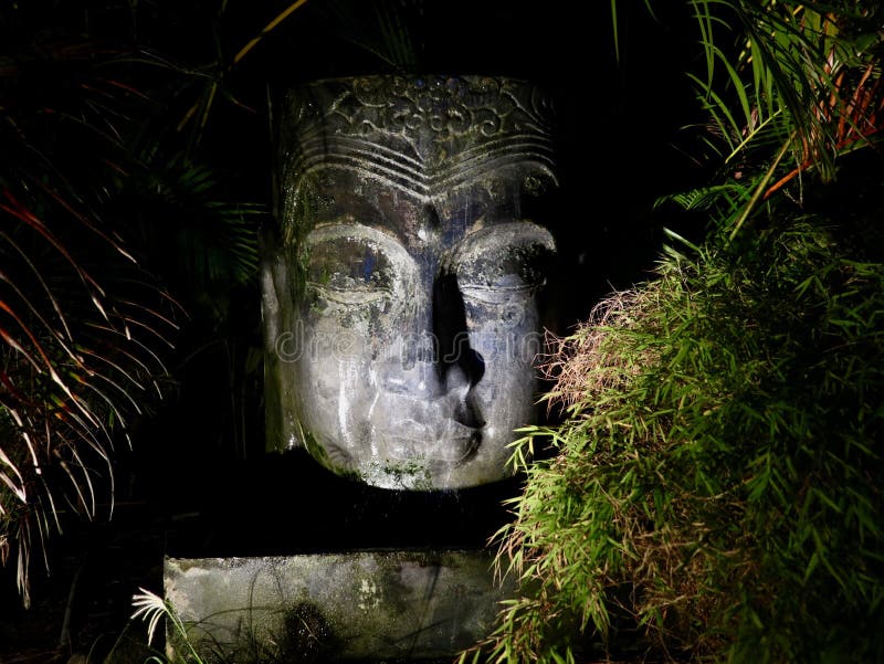 Tropical Asian Garden Fountain Statue at Night