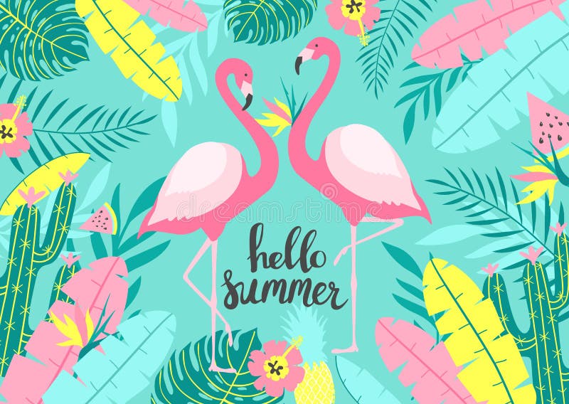 Tropical Background with of Two Cute Flamingos with Inscription - Hello Summer. for Print Design Stock Vector - Illustration of character, background: 113788786 Tropical Background with of Two Cute Flamingos with Inscription - Hello Summer. for Print Design Stock Vector - Illustration of character, background: 113788786