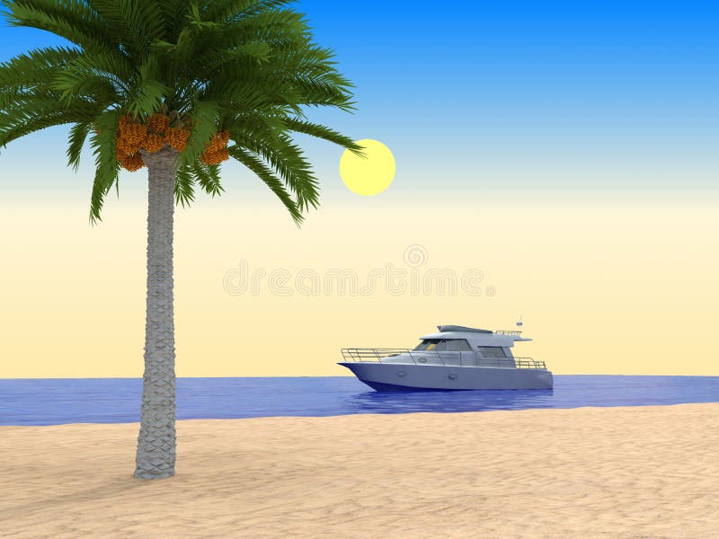 Tropical beach. With palm and ship. 3d render.