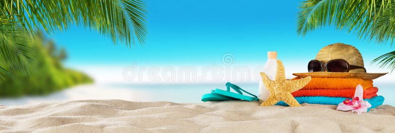 Tropical beach with accessories on sand, summer holiday background. stock photography Tropical beach with accessories on sand, summer holiday background. stock photography