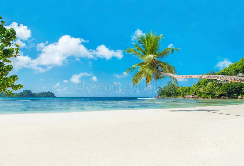 Tropical beach Baie Lazare with boat, Mahe island, Seychelles