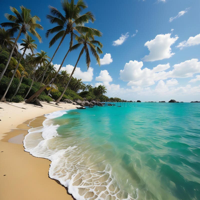 Tropical Beach with Coconut Palm Trees and Turquoise Water. Generative ...