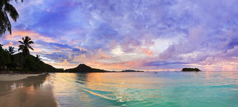 Tropical beach Cote d Or at sunset, Seychelles