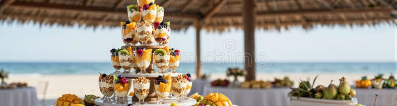 Tropical beach dessert tower with fruit parfaits and mango for seaside wedding or event background and party buffet display stock photo