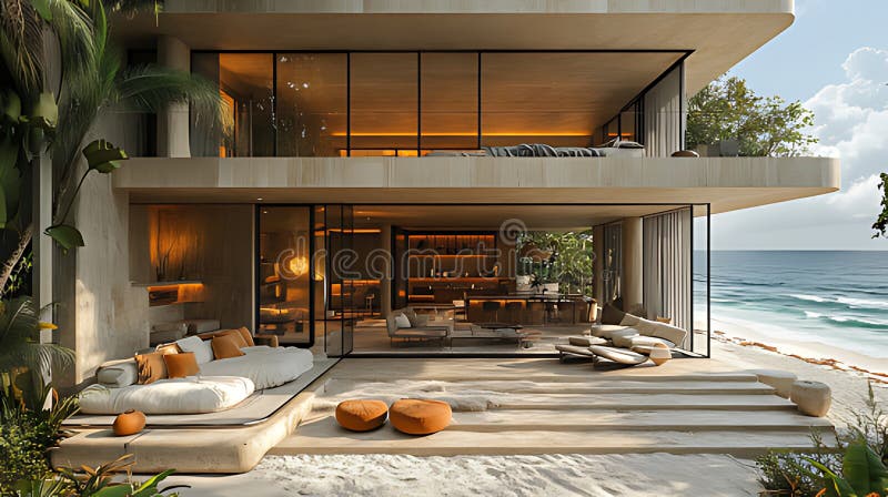 Tropical beach house sunset ocean view luxury home design royalty free illustration