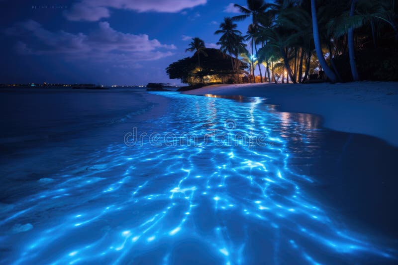 Tropical beach at night with palm trees and reflection in water, Bio luminescence. Night beach scene in Maldives with bio luminescent plankton illuminating the waterline, AI Generated