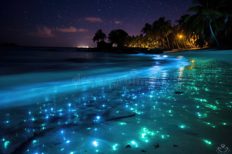 Tropical beach at night with palm trees and starry sky, Bioluminescence, Night beach scene in the Maldives with bioluminescent plankton illuminating the waterline, AI Generated