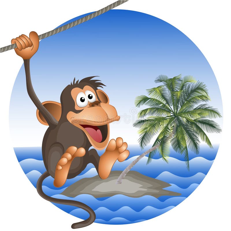 Tropical beach with a palm tree and the ridiculous monkey. vector. the isolated objects.