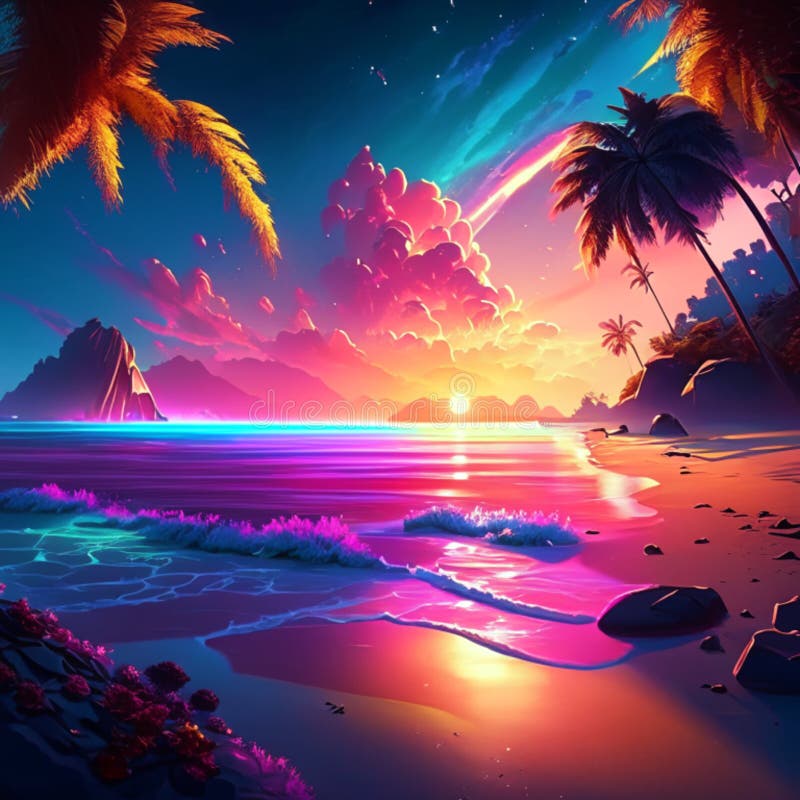 Tropical Beach With Palm Trees And Sunset 3d Render Ai Generated Stock Tropical Beach With Palm Trees And Sunset 3d Render Ai Generated Stock
