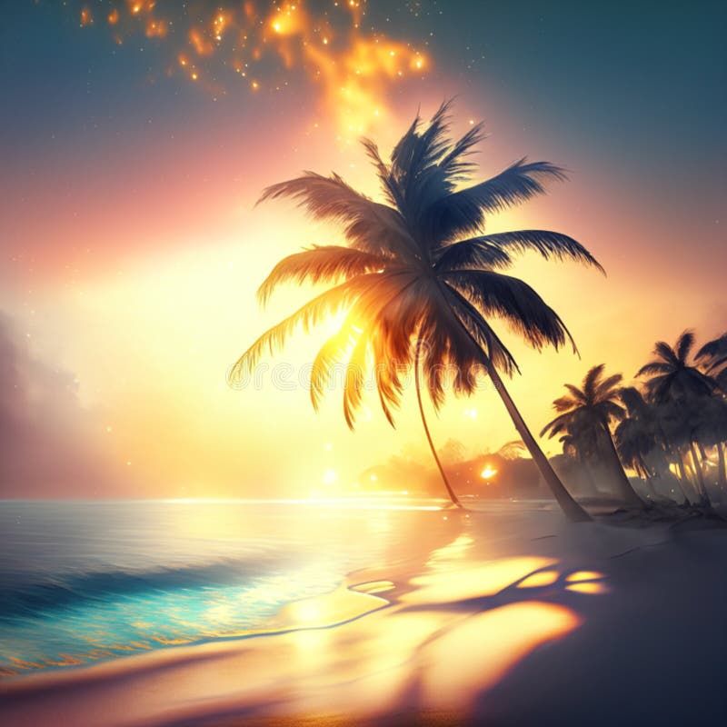 Tropical Beach With Palm Trees At Sunset 3d Render Generative Ai Stock Tropical Beach With Palm Trees At Sunset 3d Render Generative Ai Stock